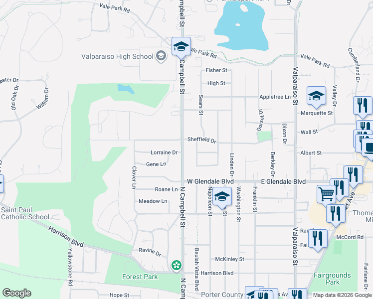 map of restaurants, bars, coffee shops, grocery stores, and more near 1901-2099 N Campbell St in Valparaiso