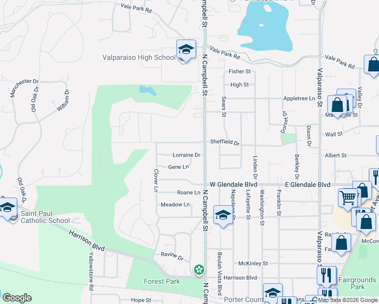 map of restaurants, bars, coffee shops, grocery stores, and more near 550 Gene Ln in Valparaiso