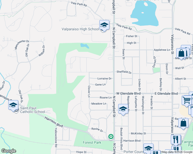 map of restaurants, bars, coffee shops, grocery stores, and more near 653 Lorraine Drive in Valparaiso