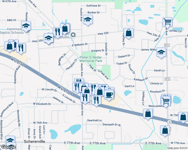 map of restaurants, bars, coffee shops, grocery stores, and more near 1927 Fairview Ln in Schererville