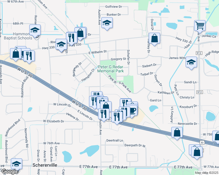 map of restaurants, bars, coffee shops, grocery stores, and more near 222 Fairview Lane in Schererville