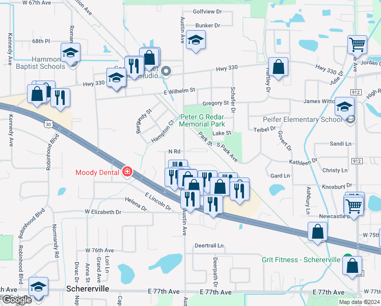 map of restaurants, bars, coffee shops, grocery stores, and more near 222 Fairview Lane in Schererville