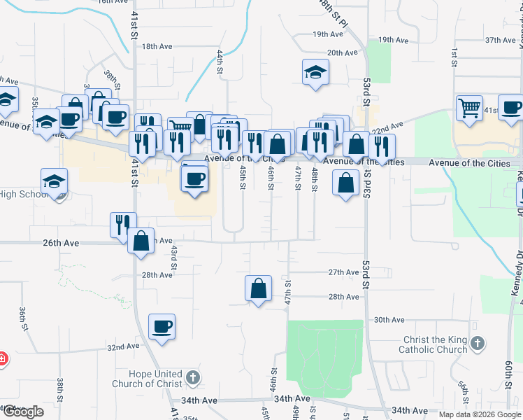map of restaurants, bars, coffee shops, grocery stores, and more near 2501 46th Street in Moline
