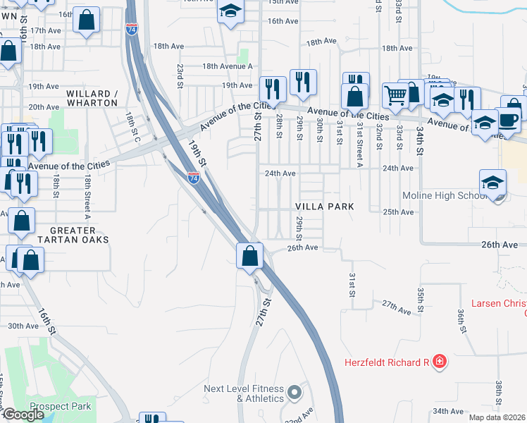 map of restaurants, bars, coffee shops, grocery stores, and more near 2515 27th Street in Moline