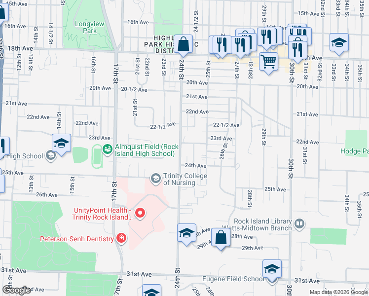 map of restaurants, bars, coffee shops, grocery stores, and more near 2319 24th Street in Rock Island