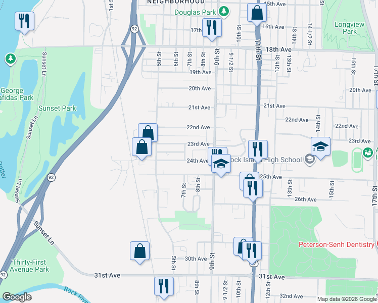 map of restaurants, bars, coffee shops, grocery stores, and more near 711 24th Avenue in Rock Island