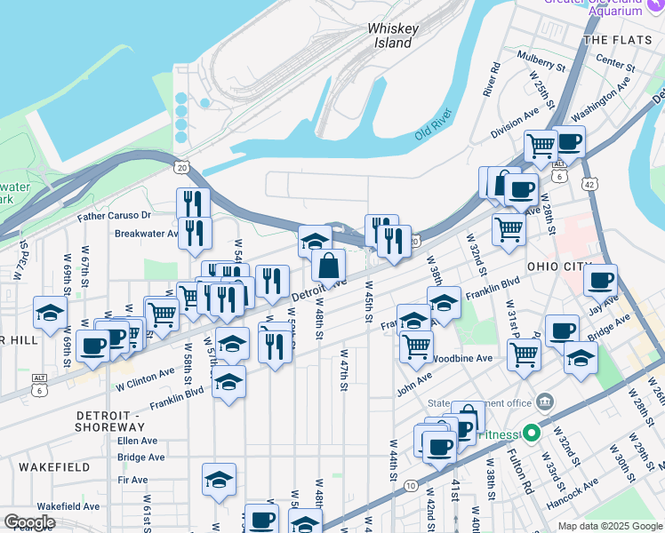 map of restaurants, bars, coffee shops, grocery stores, and more near 4600 Detroit Avenue in Cleveland