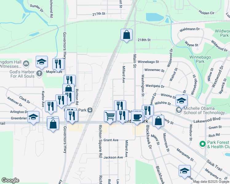 map of restaurants, bars, coffee shops, grocery stores, and more near 22035 Ridgeway Avenue in Richton Park