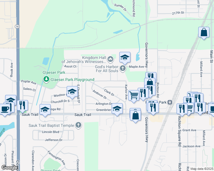 map of restaurants, bars, coffee shops, grocery stores, and more near 4224 Birchwood Road in Richton Park