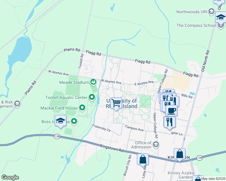 map of restaurants, bars, coffee shops, grocery stores, and more near Butterfield Road in South Kingstown