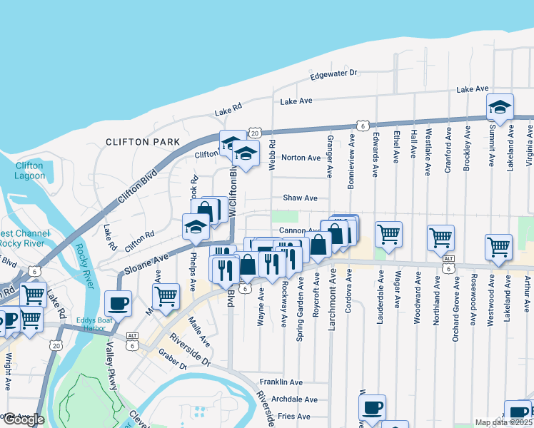map of restaurants, bars, coffee shops, grocery stores, and more near 1290 Webb Road in Lakewood