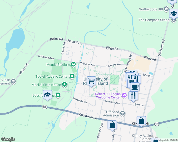map of restaurants, bars, coffee shops, grocery stores, and more near Butterfield Road in South Kingstown