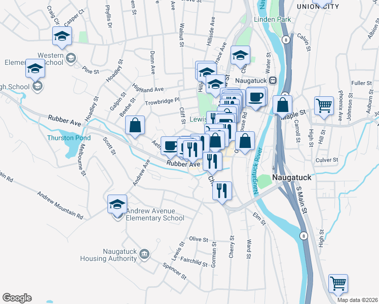 map of restaurants, bars, coffee shops, grocery stores, and more near 239 Rubber Avenue in Naugatuck