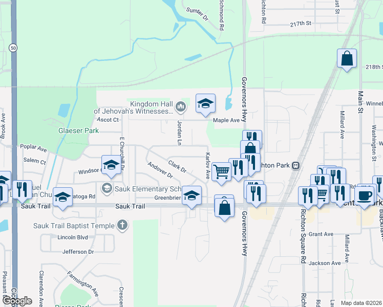 map of restaurants, bars, coffee shops, grocery stores, and more near 4133 Birchwood Road in Richton Park