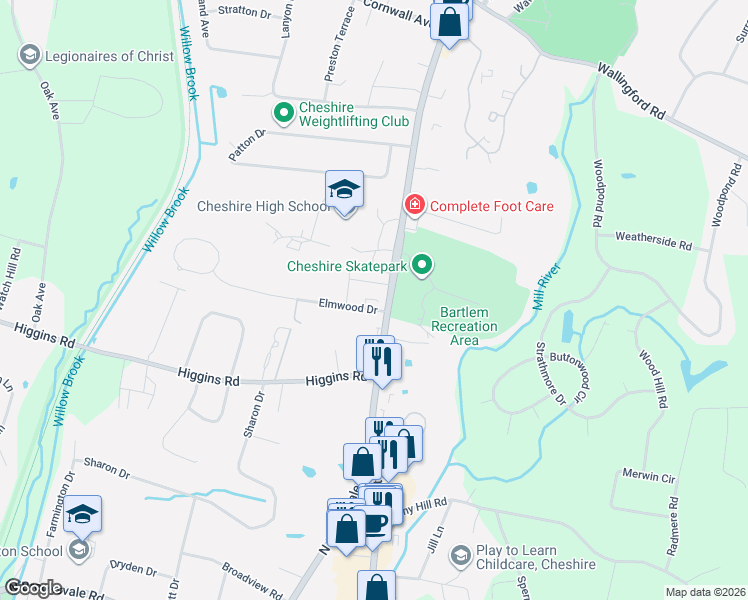 map of restaurants, bars, coffee shops, grocery stores, and more near 615 South Main Street in Cheshire