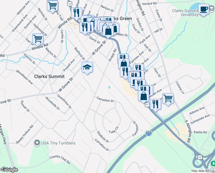 map of restaurants, bars, coffee shops, grocery stores, and more near 201 Tulip Cir in Clarks Summit