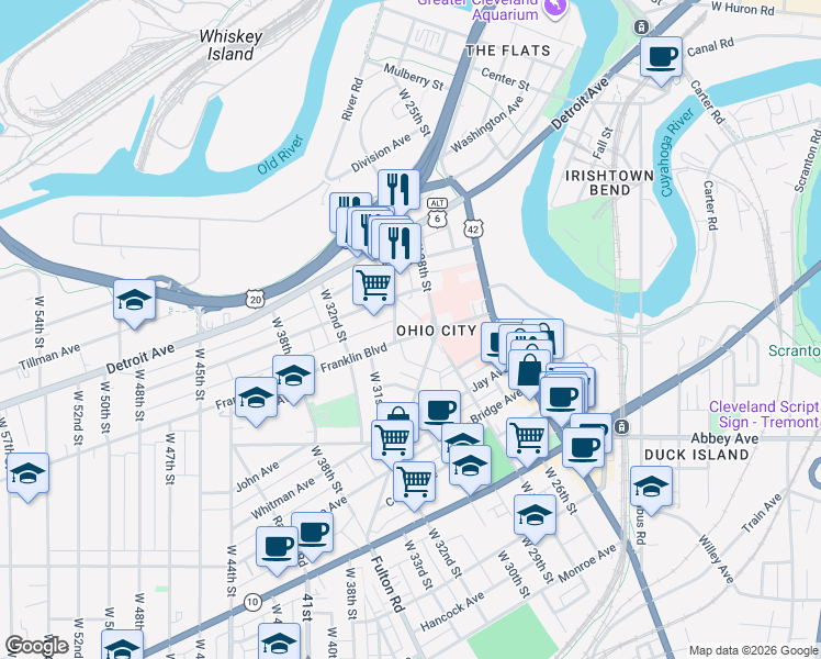 map of restaurants, bars, coffee shops, grocery stores, and more near 2831 Franklin Boulevard in Cleveland