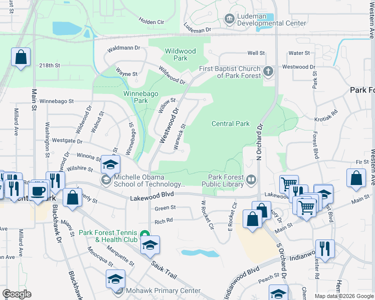 map of restaurants, bars, coffee shops, grocery stores, and more near 7 Warwick Court in Park Forest