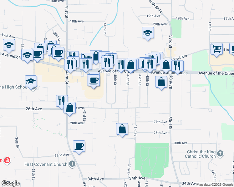 map of restaurants, bars, coffee shops, grocery stores, and more near 2410 45th Street in Moline