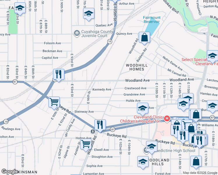 map of restaurants, bars, coffee shops, grocery stores, and more near 10106 Kennedy Avenue in Cleveland