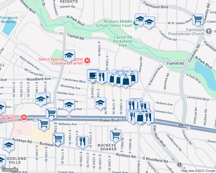 map of restaurants, bars, coffee shops, grocery stores, and more near 2625 East 126th Street in Cleveland
