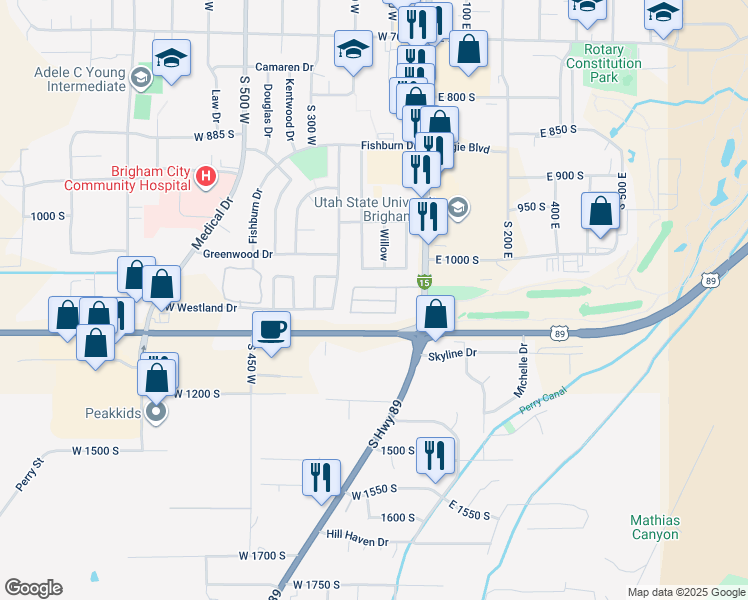 map of restaurants, bars, coffee shops, grocery stores, and more near 1060 South Main Street in Brigham City