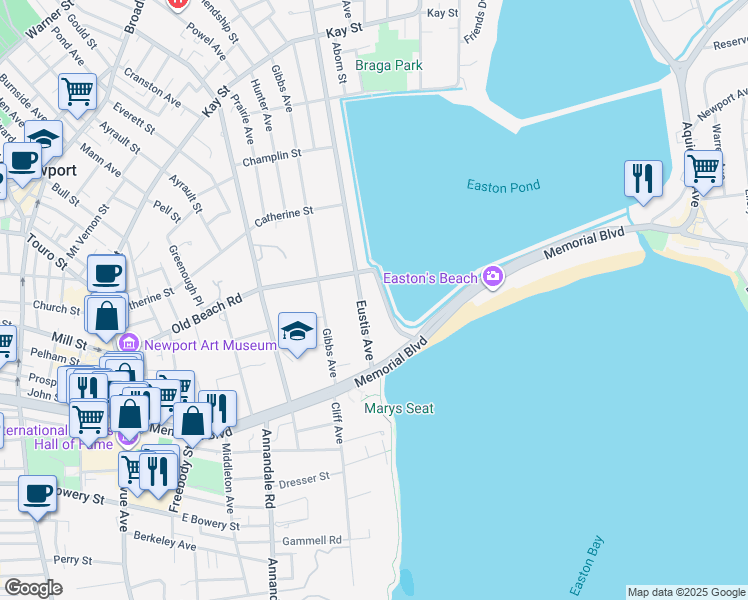 map of restaurants, bars, coffee shops, grocery stores, and more near 230 Eustis Avenue in Newport