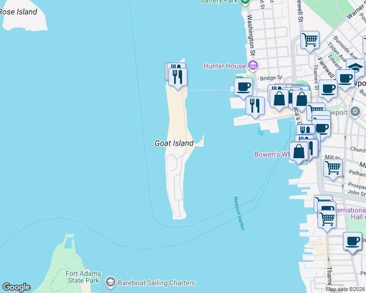 map of restaurants, bars, coffee shops, grocery stores, and more near in Newport