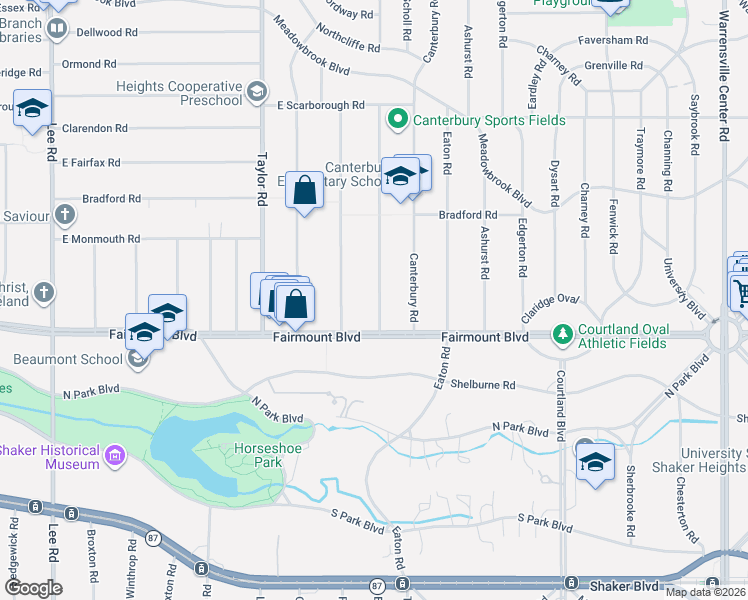 map of restaurants, bars, coffee shops, grocery stores, and more near 3553 Fairmount Boulevard in Cleveland Heights