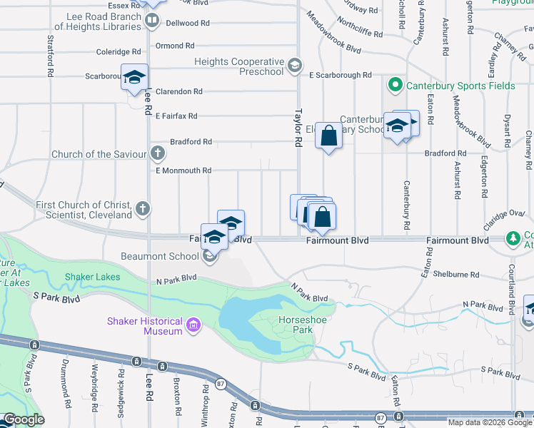 map of restaurants, bars, coffee shops, grocery stores, and more near 2661 Idlewood Road in Cleveland Heights