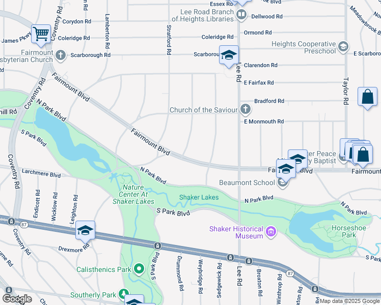 map of restaurants, bars, coffee shops, grocery stores, and more near 3107 Fairmount Boulevard in Cleveland Heights
