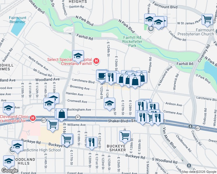 map of restaurants, bars, coffee shops, grocery stores, and more near 2624 East 124th Street in Cleveland