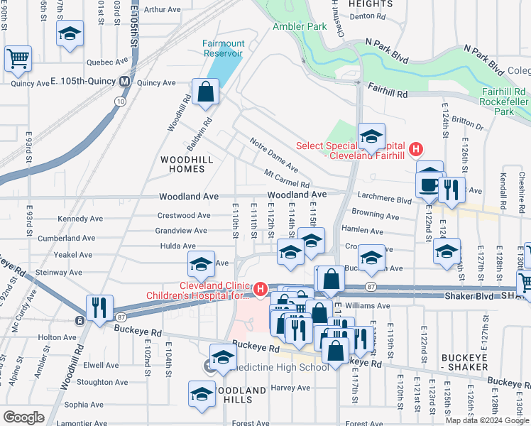map of restaurants, bars, coffee shops, grocery stores, and more near 2649 East 111th Street in Cleveland