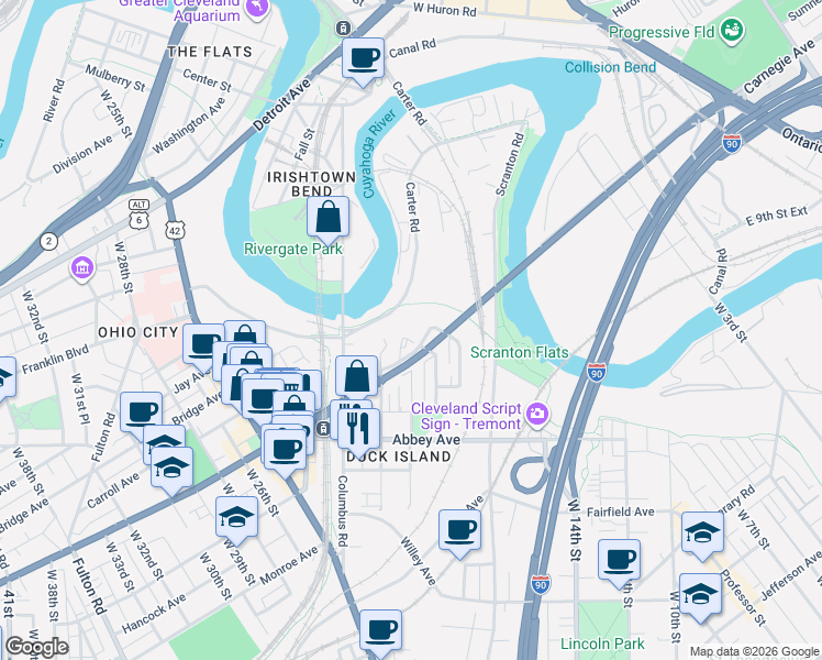 map of restaurants, bars, coffee shops, grocery stores, and more near 1801 Lorain Avenue in Cleveland