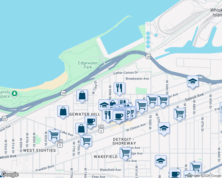 map of restaurants, bars, coffee shops, grocery stores, and more near 1271 West 69th Street in Cleveland