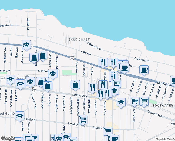 map of restaurants, bars, coffee shops, grocery stores, and more near 1292 Clifton Prado in Lakewood