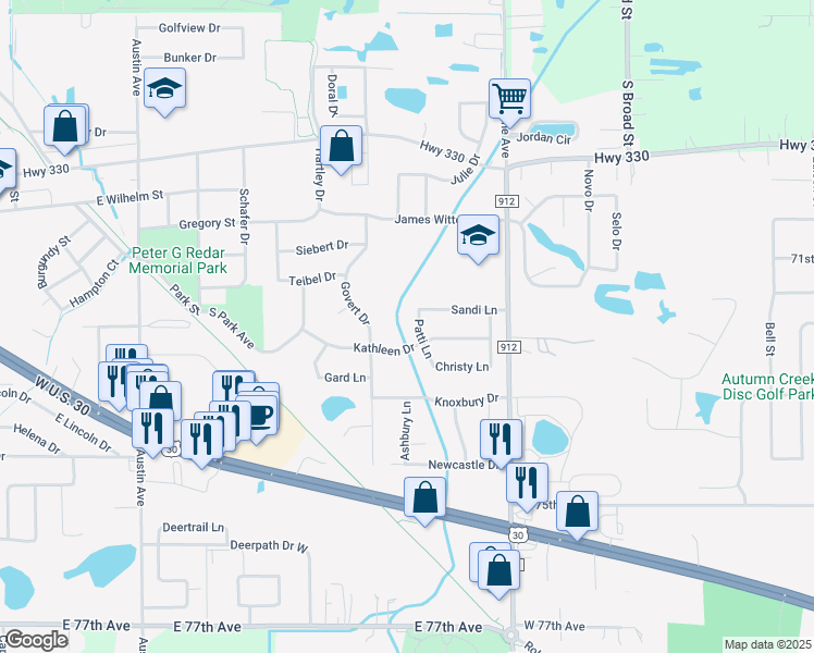map of restaurants, bars, coffee shops, grocery stores, and more near 560 Kathleen Dr in Schererville