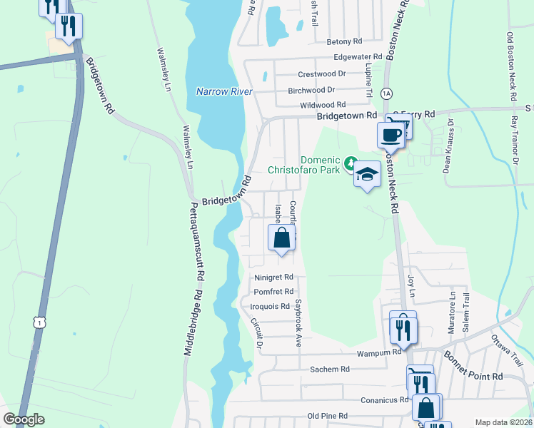 map of restaurants, bars, coffee shops, grocery stores, and more near 30 Lakeview Drive in Narragansett