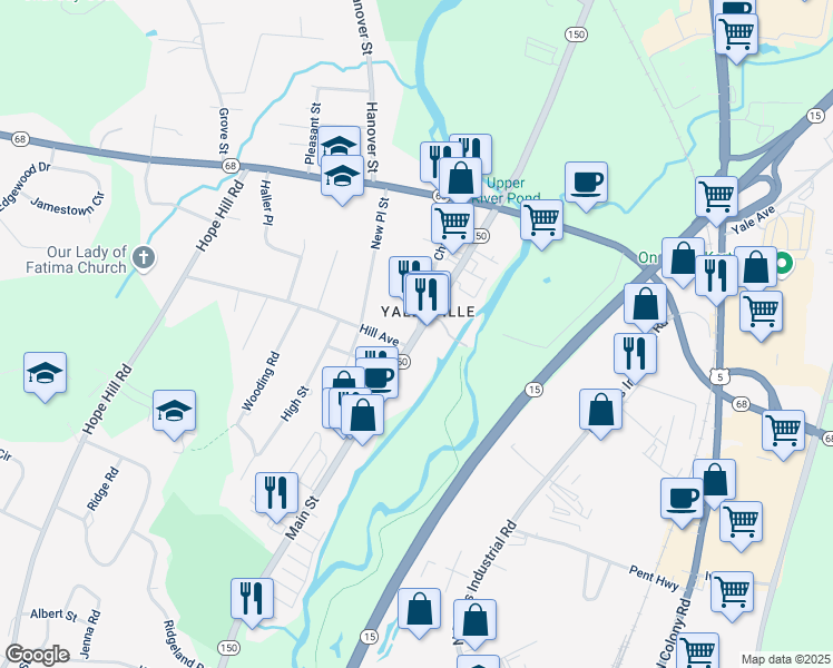 map of restaurants, bars, coffee shops, grocery stores, and more near 198 Chapel Street in Wallingford