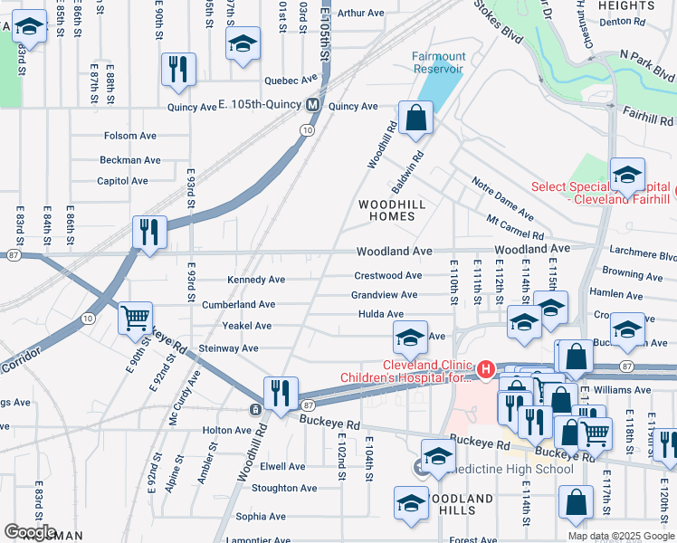 map of restaurants, bars, coffee shops, grocery stores, and more near 10323 Crestwood Avenue in Cleveland