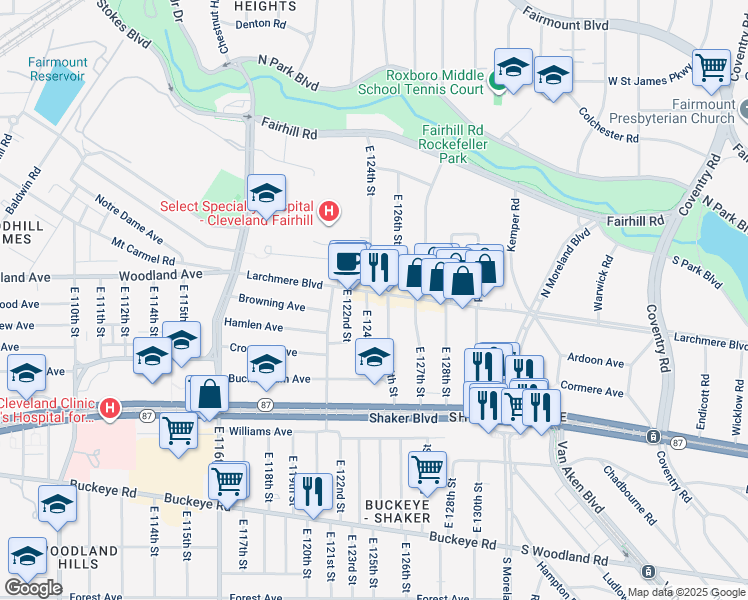 map of restaurants, bars, coffee shops, grocery stores, and more near 2624 East 124th Street in Cleveland