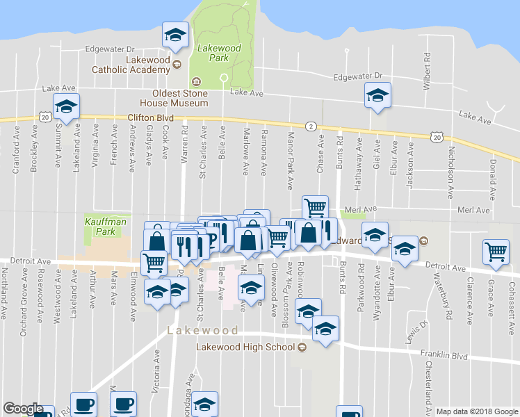 map of restaurants, bars, coffee shops, grocery stores, and more near 1320 Ramona Avenue in Lakewood