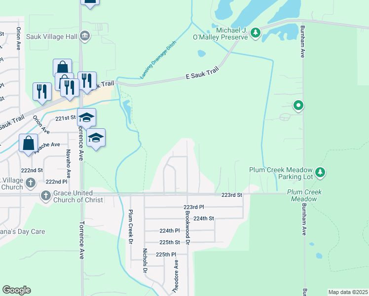map of restaurants, bars, coffee shops, grocery stores, and more near 22122 Brookwood Drive in Sauk Village