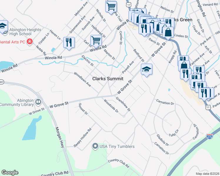 map of restaurants, bars, coffee shops, grocery stores, and more near 802 West Grove Street in Clarks Summit