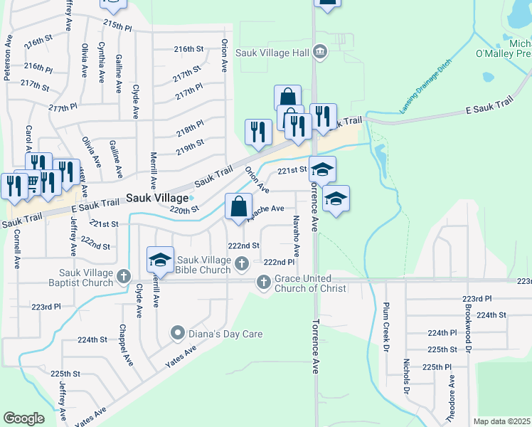 map of restaurants, bars, coffee shops, grocery stores, and more near 2450 Talandis Drive in Sauk Village