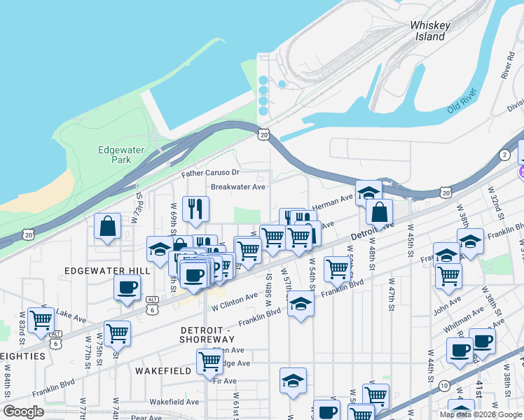 map of restaurants, bars, coffee shops, grocery stores, and more near 1326 West 59th Street in Cleveland