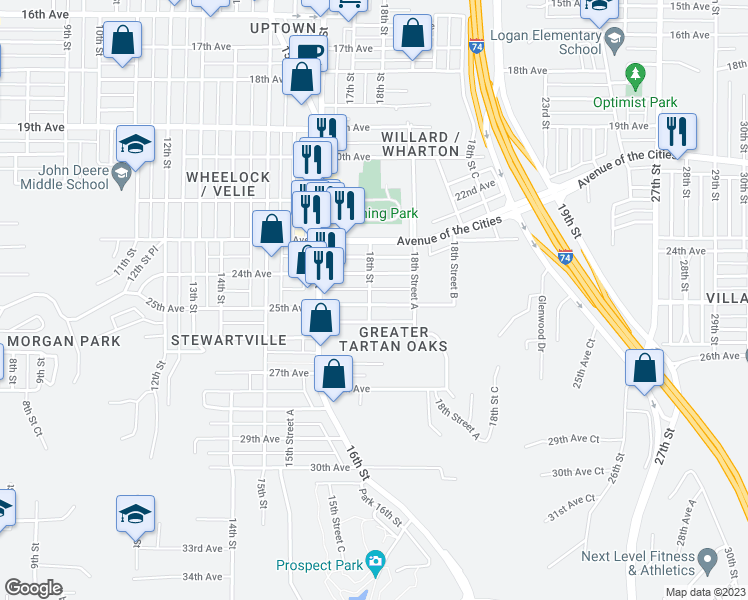 map of restaurants, bars, coffee shops, grocery stores, and more near 2426 18th Street in Moline