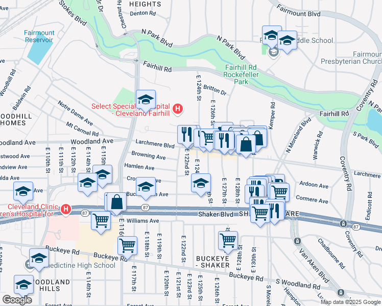 map of restaurants, bars, coffee shops, grocery stores, and more near 12206 Larchmere Boulevard in Cleveland