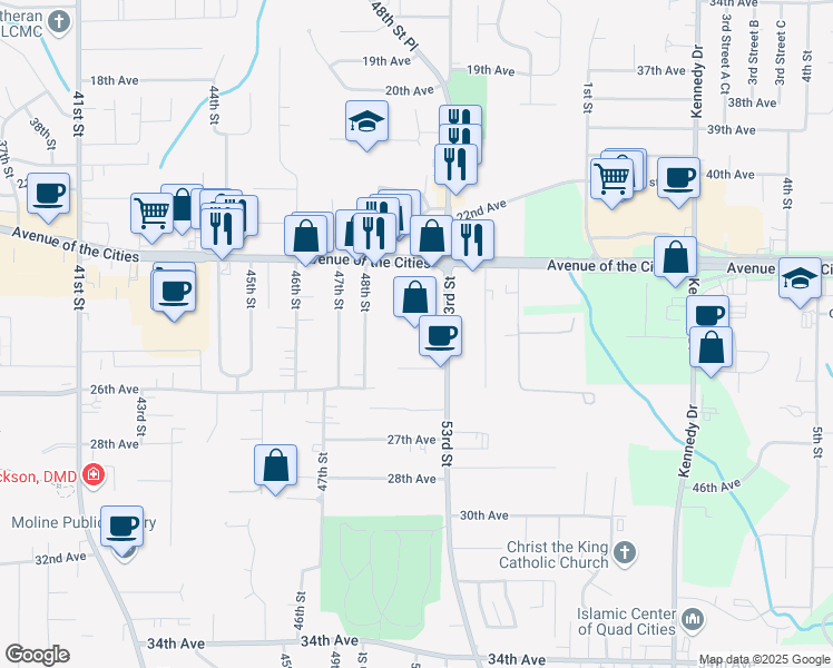 map of restaurants, bars, coffee shops, grocery stores, and more near 5000 Avenue Of The Cities in Moline