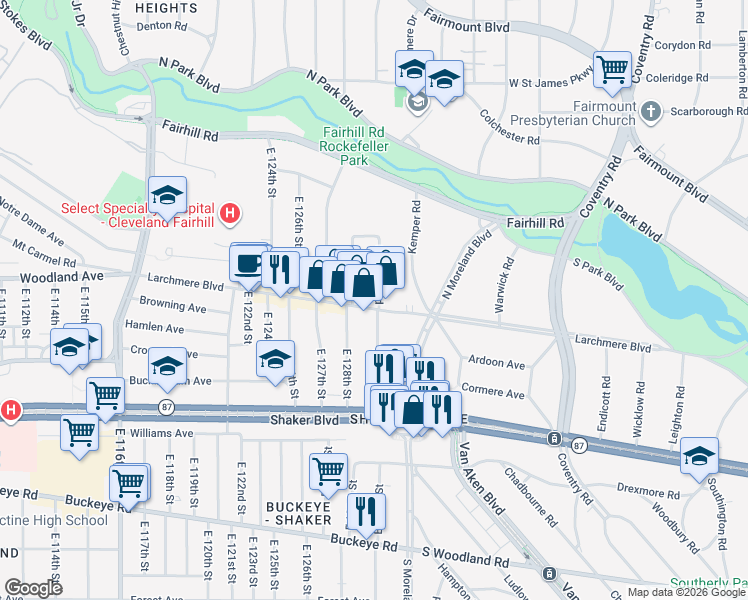 map of restaurants, bars, coffee shops, grocery stores, and more near 12955 Larchmere Boulevard in Shaker Heights